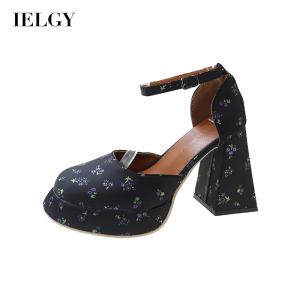 IELGY Giày Cao Gót Đế Thô In Hình Retro Mũi Vuông Cho Nữ