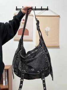 Retro Denim Black Large Capacity Tote Bag Wallet Women Washed Casual Crossbody Bags Female Vintage Canvas Bag Y2k Handbag 20262026