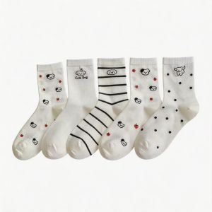Adult 5pairs In Set For Women Cute Dog Design White Stripes Mid-tube Socks Odor-Resistant Cotton Socks For Girl School Style Keen High Socks