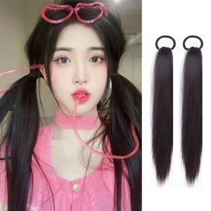 BAIXL Ngọt ngào Chất lượng cao Hàng ngày Nữ Dây cao su Tổng hợp Đen Nối tóc Nâu Sợi chịu nhiệt Đuôi ngựa Thẳng Dài Tóc giả đuôi ngựa đôi Phụ kiện tóc Tóc Giả bện đấm bốc