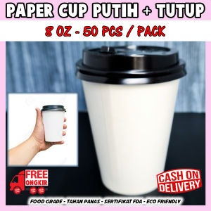 Paper Cup Putih Polos 8 Oz 240 ml + LID tutup / Tea Cup / Gelas Kopi / Gelas kertas / Paper Hot Cup (50 pcs)