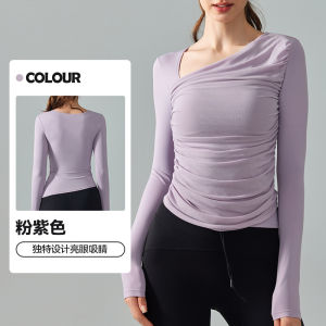 alo yoga แขนยาวโยคะคอไม่สมมาตร T ท็อปสปอร์ตผู้หญิงแบบตาข่ายเย็บปะติดปะต่อพร้อมแผ่นรองหน้าอก แฟชั่นลดน้ำหนัก