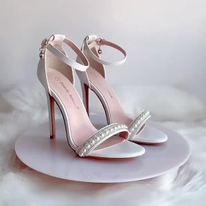 Queen Style Footwear: Pearl White Flat Buckle Wedding Shoes