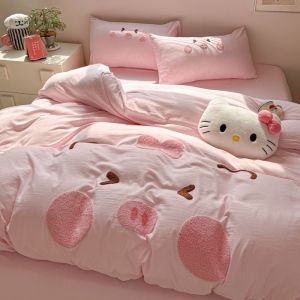A Class 100% Washed Cotton Four-Piece Set ins Towel Embroidered Cartoon Bedding Set Bed Sheet Fitted Sheet Duvet Cover Dormitory Three-Piece Set LZD