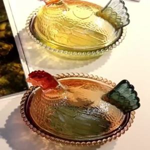 Vintage Glass Hen on Nest Dish with Lid - Large Pedestal Rooster Glass Candy Bowl Colorful Crystal Candy Jar for Snacks Dessert Cookies Home Kitchen Office Tabletop Decor