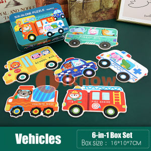6-in-a-box Wooden Jigsaw Puzzle Tin Box Kids Child Children Educational Toy Sea Animals Cars Bugs Childrens Day Gift