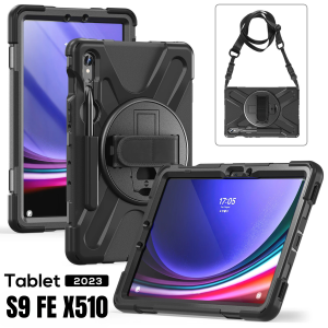 Hard Case Armor For Samsung Tab S9 FE 10.9 inch SM-X510 SM-516B 2023 Silicone TPU Adjustable Kickstand Cover Bumper Shoulder Hand Strap TD753 Casing Heavy Duty Rugged Stylus Pen Slot Shock Resistant