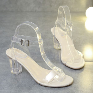 [Free Shipping] Fashionable Transparent Strap Chunky Heel Sandals High Heels for Women Summer Crystal Heel Chunky Heel Fashion Sandals