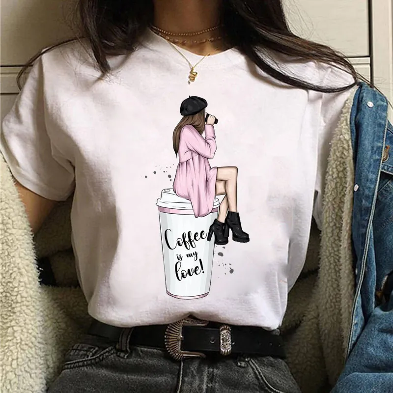 Fashion Women T Shirt Coffee Time and Girl Printed T Shirt Female