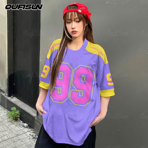 Korean Style Womens T-shirt Short Sleeve Number 99 Printed Retro Sports Jersey Plus Size Crew Neck Top 3D Printed Street Popular Clothes
