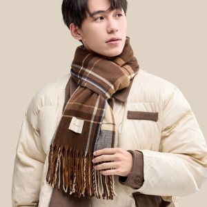 THANKSKY Tua rua Khăn quàng cổ len kẻ sọc Màu xanh lá cây Retro Vải nhung lông Khăn choàng dài Thanh lịch Khăn Len Khăn quàng cổ Cashmere mùa đông Nữ/Nam