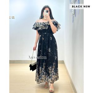 4904 Flazes Floral Ruffle Dress Cny Pesta Sabrina Dress Sifon Maternity Dress