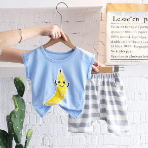 เสื้อผ้าเด็กผู้ชาย เสื้อยืดแขนกุดออกแบบผลไม้ กางเกงลำลองลาย ผู้หญิงผ้าฝ้ายสบายสองชิ้น