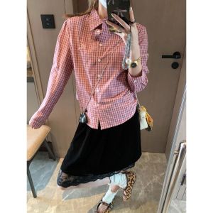 2026 Autumn New Women Vintage Plaid Pleated Waist Slim Fit Long Sleeve Blouse
