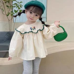 HF Kids Shirt Korean Fashion New Princess Long Sleeve Shirt Flower Embroidery Cute Cartoon All-match Boys Girls Shirts For Kids baju budak perempuan murah cantik style 22100406