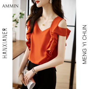 Ammin phong cách Hàn Quốc đơn giản v-cổ thời trang ngọt ngào xù ngắn tay khâu đính off-vai Thiết kế áo voan người phụ nữ 2023 mùa hè trơn mới màu áo blouse thanh lịch