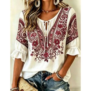Women T-Shirts Three-Quarter Bell Sleeve T-Shirt Cotton And Linen Shirt V Neck Shirt For Womens Tops For Women Oversized Ethnic Pattern Tops