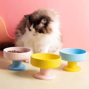 OUTOPEN Ceramic Cat Bowl Creative Cute Pet High Footed Cup Bowl Pet Supplies Anti Tipping Pet Drinking Feeder Neck Protection