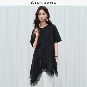 Giordano Women Asymmetric lace trim short sleeve tee Free Shipping 18326908