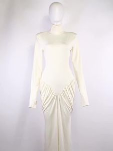 Sisterlinda Shirring Sheath Maxi Dresses High Street Classic Full Sleeve Straight Shoulder Backless Vestidos Mujer Evening Wear