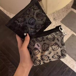 Seastina  dễ thương Kitty lưới túi trang điểm di động trong suốt du lịch lưu trữ túi có khóa kéo đóng cửa
