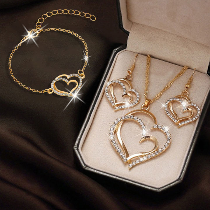 Luxury Heart Decor Necklace Earrings Bracelet Jewelry Set Women Fashion ...