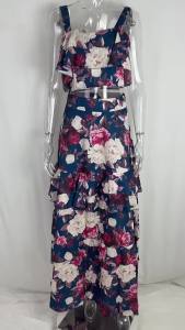 DOYADA Women Summer Boho Beach Two Piece Set Crop Top High Waist Long Dress Floral Printed Ruffles