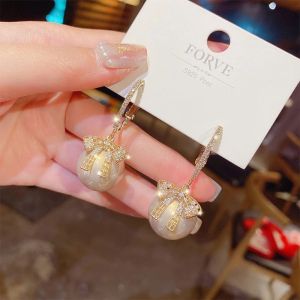 Gnker Oversized White Pearl Drop Earrings for Women Bohemian Golden Round Zircon Wedding Earrings Jewelry Gift