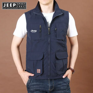 Jeep Spirit 1941 Estd แจ็คเก็ตแขนกุดสำหรับผู้ชายแจ็คเก็ตแขนกุดเสื้อกล้ามเสื้อกล้ามมีกระเป๋าหลายกระเป๋าเหมาะสำหรับการตกปลากลางแจ้ง