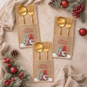 MAYIT 5PCS Thiết kế bỏ túi Túi đựng dao dĩa bằng vải bố Bộ đồ ăn Chất liệu vải bố. Túi đựng đồ dùng ăn uống Giáng sinh Lễ hội Phong cách mộc mạc Giá đựng dao dĩa dùng trong dịp lễ Trang trí Giáng sinh
