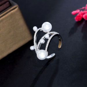 SEQUITO High Grade White Gold Plated Women Open Cuff Adjustable Baroque Pearl Ring Inlaid AAA Cubic Zircon Noble Lady Finger Jewelry for Evening Party SR069