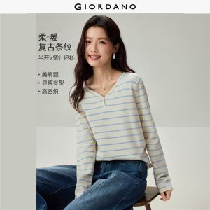 Giordano Beau Monde Women Striped buttoned v-neck loose sweater Free Shipping 13356655