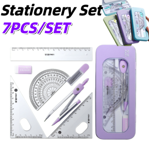 7 Pcs Set Ruler Set Compass Ruler Learning Stationery Student Stationery Set Stationery with Storage Box Multi Functional Ruler