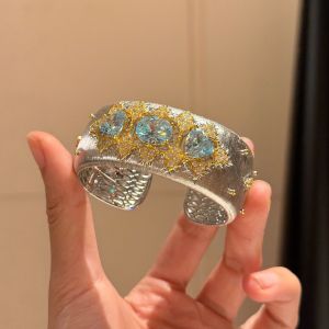 Vintage Palace Style silver Wide Face Aquamarine Open Bracelet with Sparkling Diamonds 2026 The new high-end fashion jewelry with a unique design and a sense of sophistication
