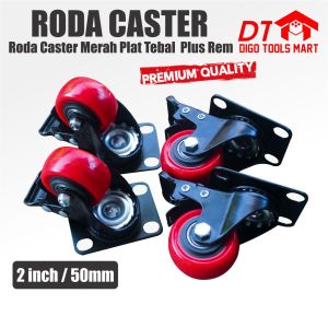 Roda Caster  Merah Plat Tebal Hidup 2 Inci Plus Rem Roda Nylon  Merah Kunci Tebal 4 Pcs