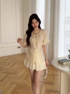 AMMIN Korean Style Sweet Puff Sleeve Commuter Chiffon Shirt Women 2025 Summer New Beige Low round Neck Bow Lace-up Design Gentle Short Sleeve Elegant Blouse