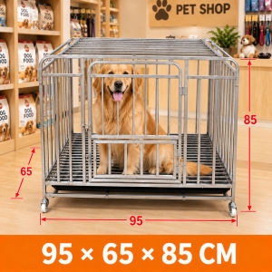【Heavy Duty】Square Tube Pet Cage Large Metal Dog Cage Steel Large Free Space Dog Cage with 4 Wheels Chew Proof Heavy Duty Dog Cage with Tray