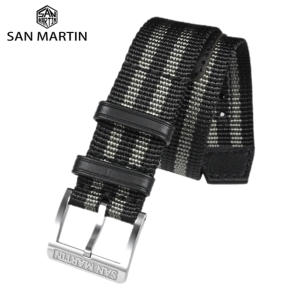 San Martin Watch Band One Piece 20mm Nylon Strap Solid 316L Stainless Steel Logo Pin Buckle Leather Loop Retro Military SN01052026
