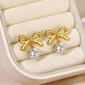 Elegant 14k Gold Small Shining Zirconia Bow Stud Earrings for Women Mini Vintage Bowknot Earring