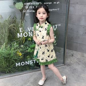 BM Studio Girls Dress  Summer Childrens National Style Cheongsam Dress Girls New Chinese Sleeve Lace Dress Tide