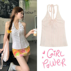 Kimi พร้อมส่ง💗✨เสื้อสายเดี่ยวคล้องคอผ้าลายลินินคอวี ผูกโบว์หลัง เสื้อคอรอปทรงเข้ารูป ใส่แล้วหุ่นสวย ลําลอง สําหรับผู้หญิง