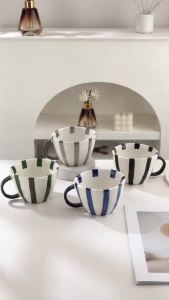 Nordic Hand‑painted Stripe Ceramic Coffee Mug Large Capacity Microwave Safe 401‑500ml Tea Cup