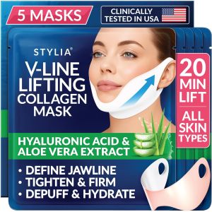 Stylia V Line Lifting Collagen Mask - Lift Firm & Contour Jawline - Tightening Double Chin Strap with Hyaluronic Acid & Aloe - Neck Tightening and Lifting Mask - Jawline Shaper Face Lift Tape (5PC)