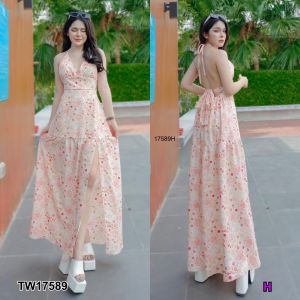 TW17589 เดรสายเดี่ยวคล้องคอ พิมลายดอกไม้ เอวผุกโบว์