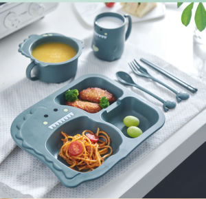 6pcs per set Wheat Straw Baby Dinosaur Bowls Set Tableware Dinner Plate Grid Cartoon Feeding Dish for Kids Dinner