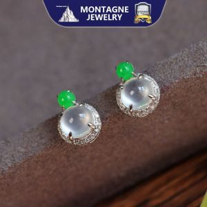 Montagne Jewelry 18k Pure Gold Earring for women Diamond Inset Design Fine Jewellery Natural 9.8mm Grade A Burma Jade Earrings Jadeite Stud Earring