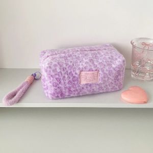 NBANLIKE Plush Pen Bag Leopard Plush Stationery Bag with Lanyard Leopard Print Korean Leopard Pencil Case Makeup Cosmetic Storage Love Heart Pencil Pouch Stationery Holder