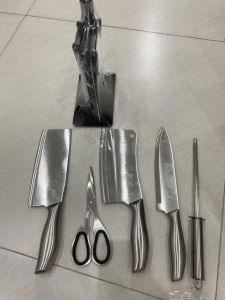 Bộ dao Nhật Bản 6 món cao cấp có khay cắm - bộ dao kéo thép đúc siêu bén cắt thái và chặt thịt cao cấp