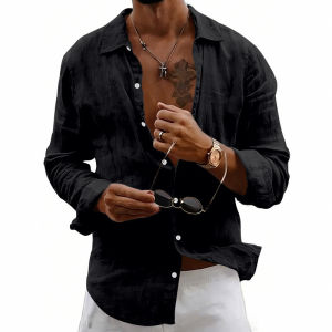 2026 New Mens Plain Linen Shirt Loose Fit Long Sleeve Button Up Lapel Casual Cardigan Sun Protection Thin Top