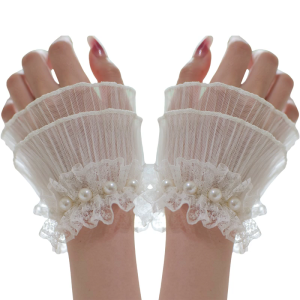 Adjustable Chiffon Arm Sleeves Wrist Cuffs With Pearls Decors Elastic Ruffle Lace Hand Sleeves Cuffs For Party Outfit